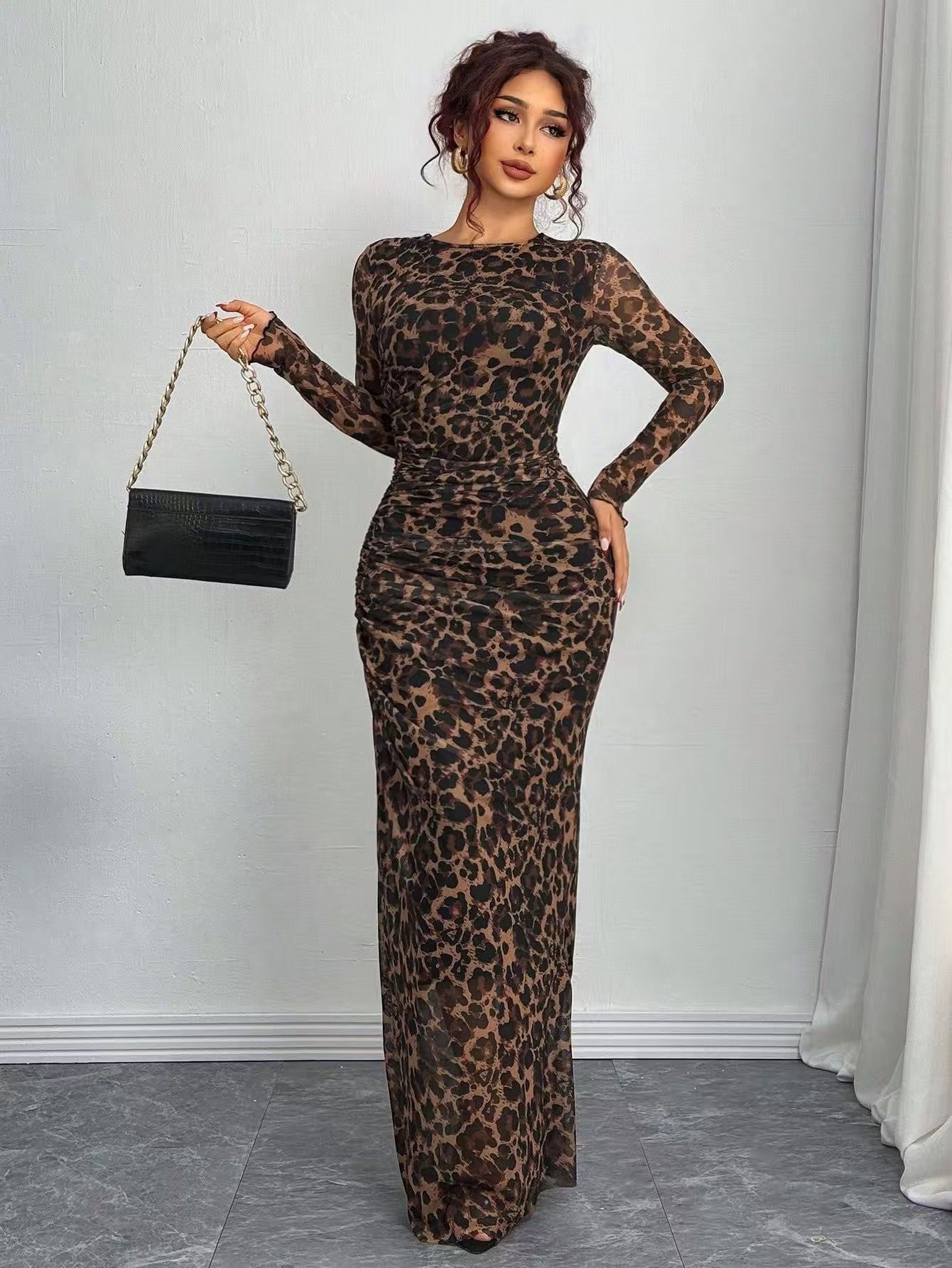 TORINA | Printed Long Sleeve Round Neck Bodycon Maxi Dress